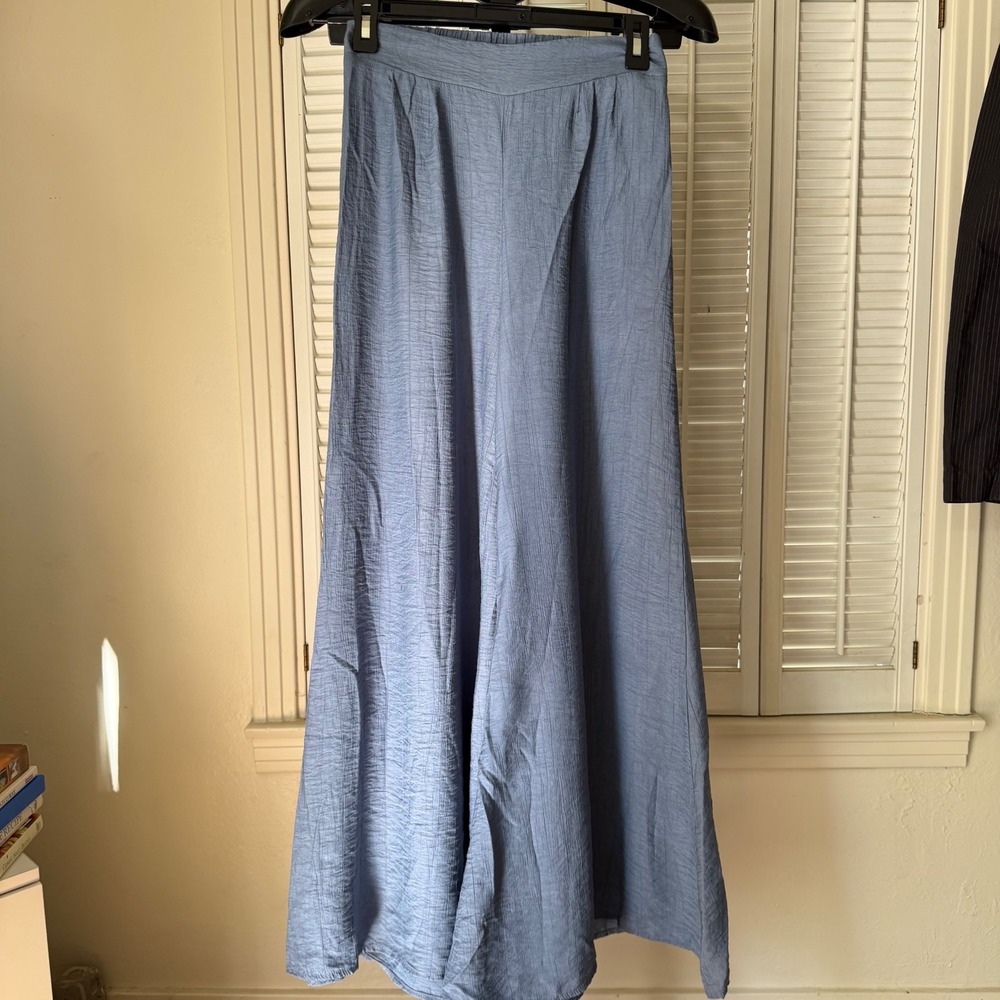Cider Blue Wide Leg Textured High Waist Pleated Trousers BLUE‎
